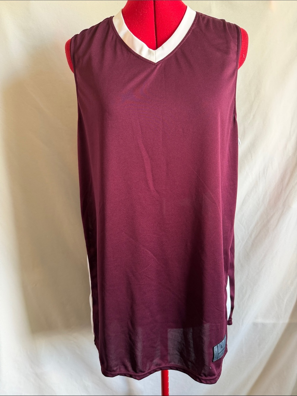 Sleeveless V-Neck Maroon Basketball Jersey with White Trim